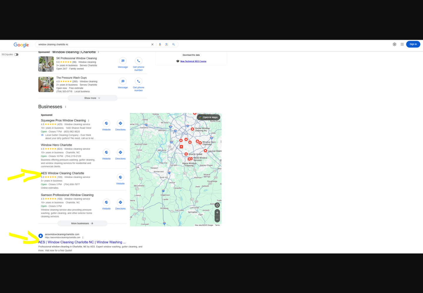 Archived Google search screenshot showing AES Window Cleaning in local and organic results during its 2024–2025 project.