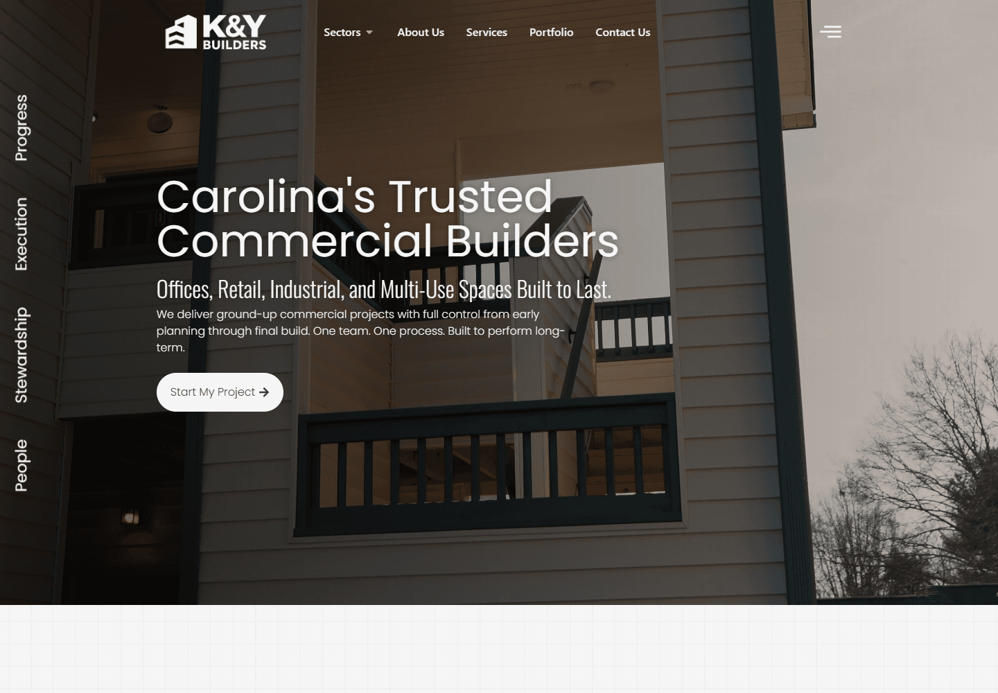 K&Y Builders homepage introducing its commercial construction services.