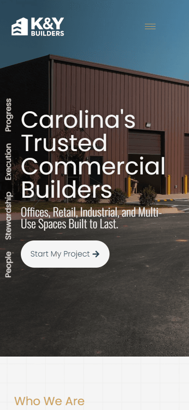 K&Y Builders mobile homepage.