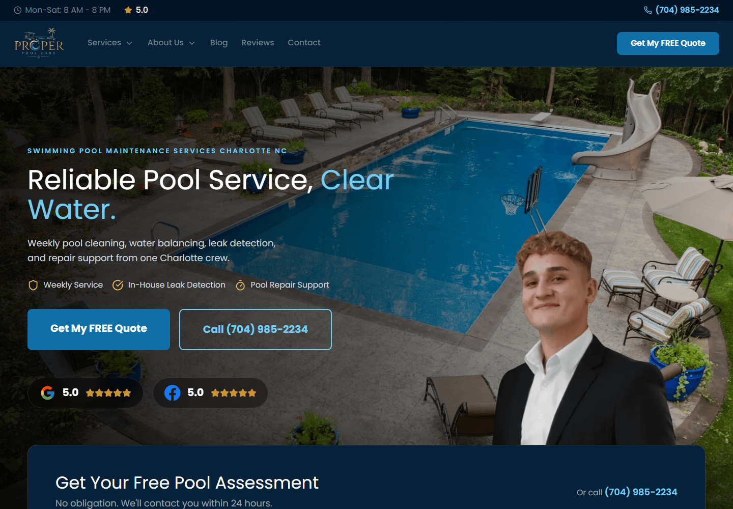 Proper Pool Care homepage featuring its owner and pool services.