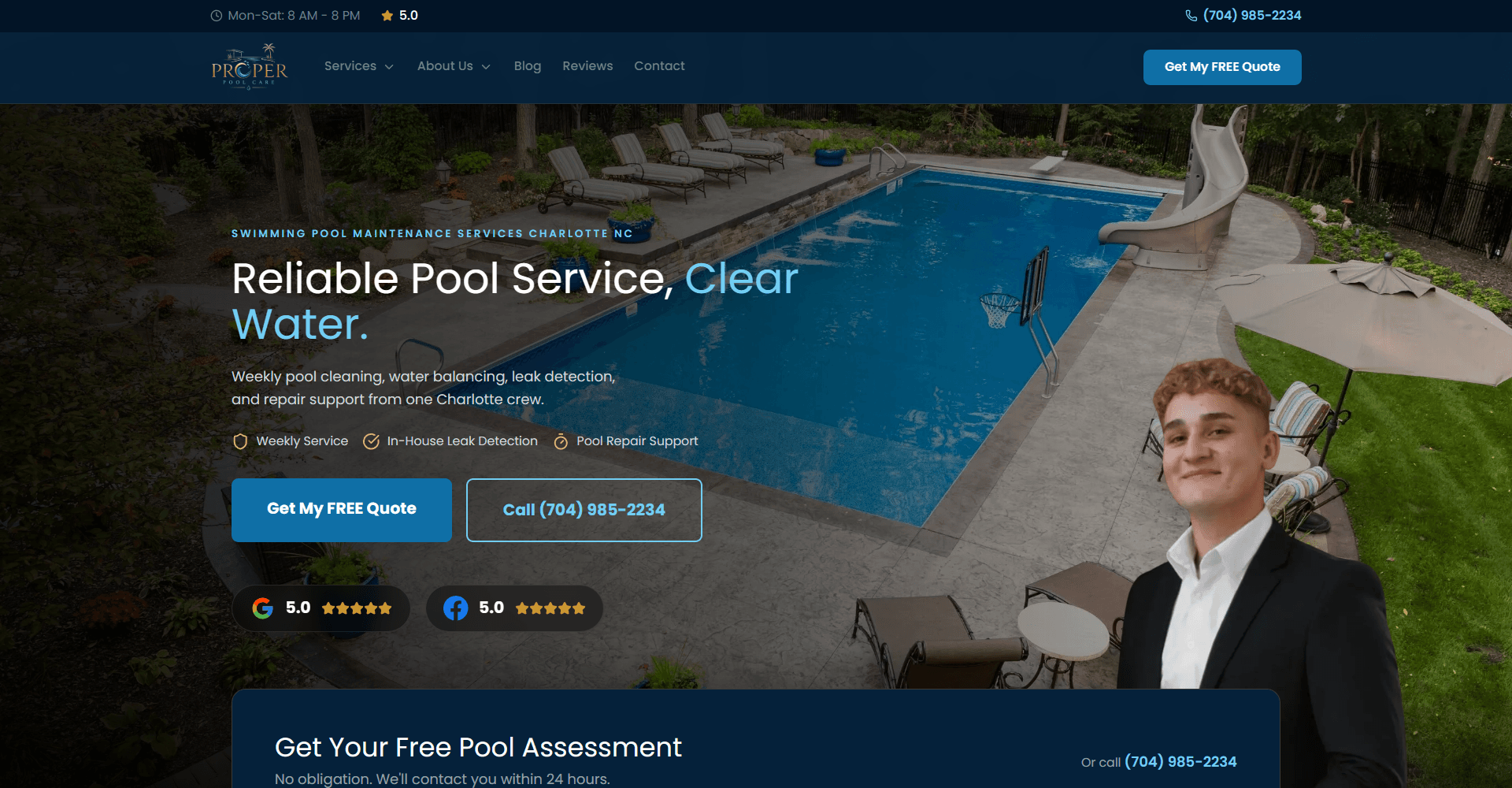 Proper Pool Care homepage showing its services, owner David and a clear request-an-estimate action.