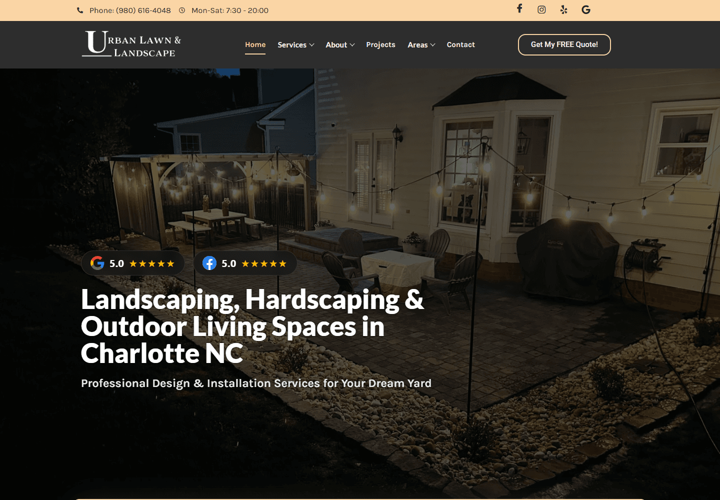 Urban Lawn & Landscape’s website featuring a patio and landscape lighting