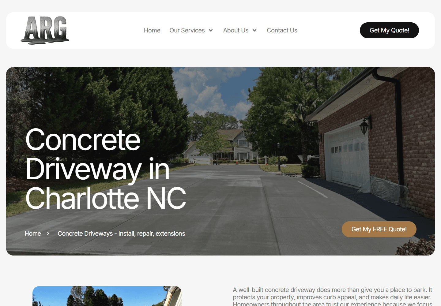 ARG Concrete driveway service page, captured September 2026.