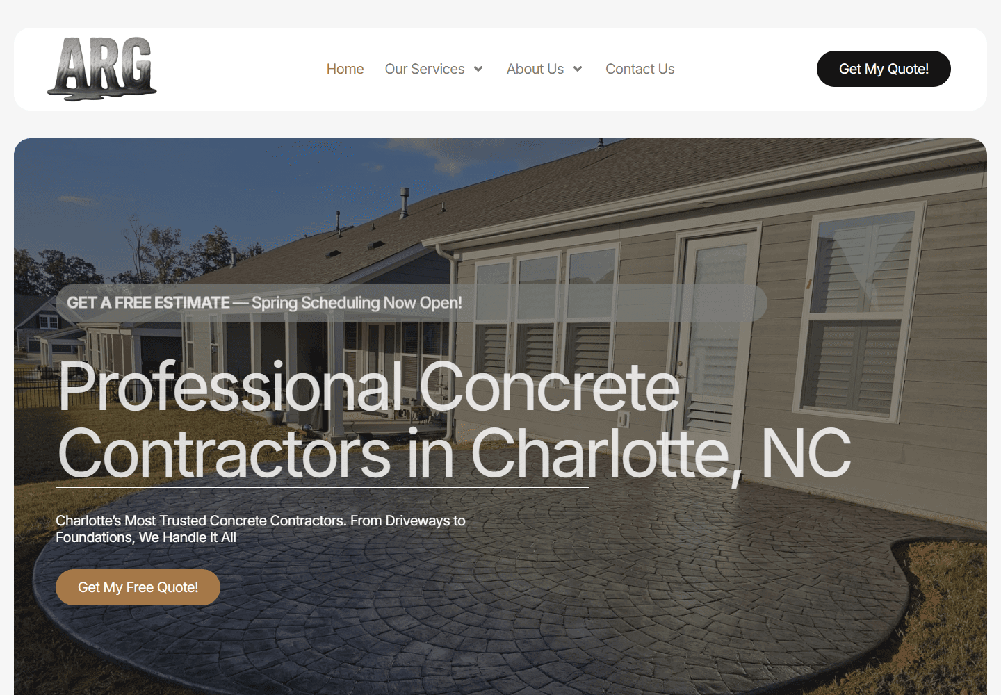 ARG Concrete homepage introducing its concrete contracting services in Charlotte.